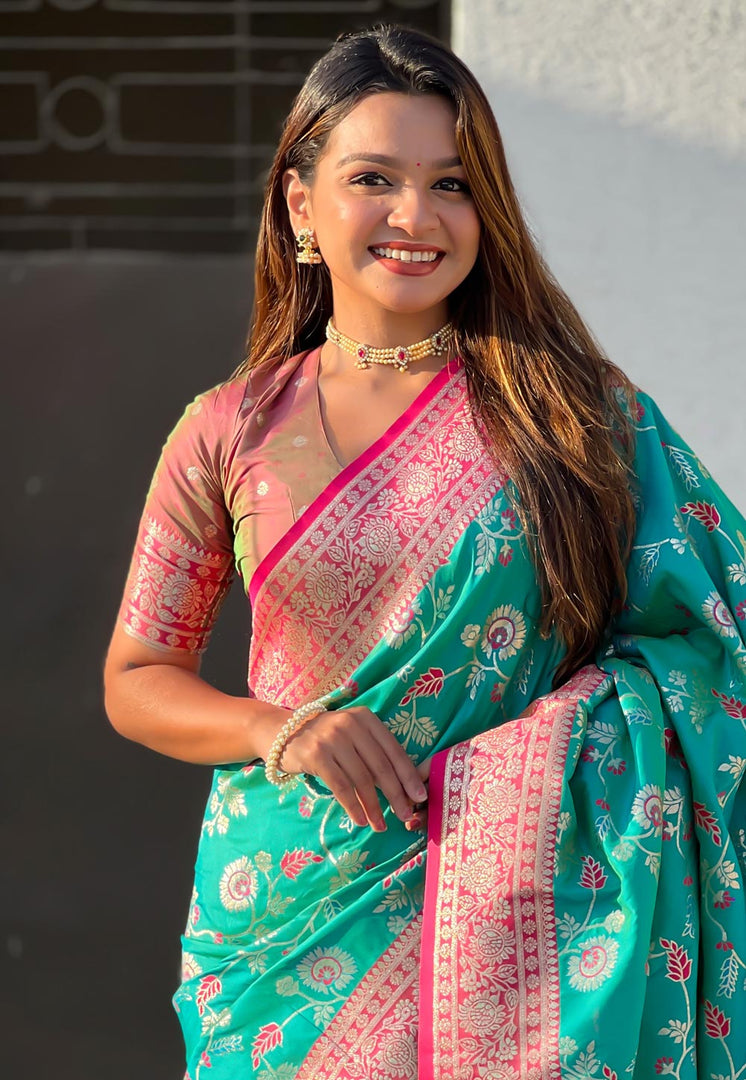 Turquoise Banarasi Silk Saree