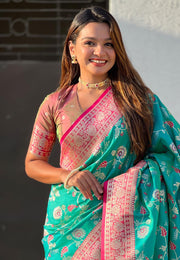 Turquoise Banarasi Silk Saree