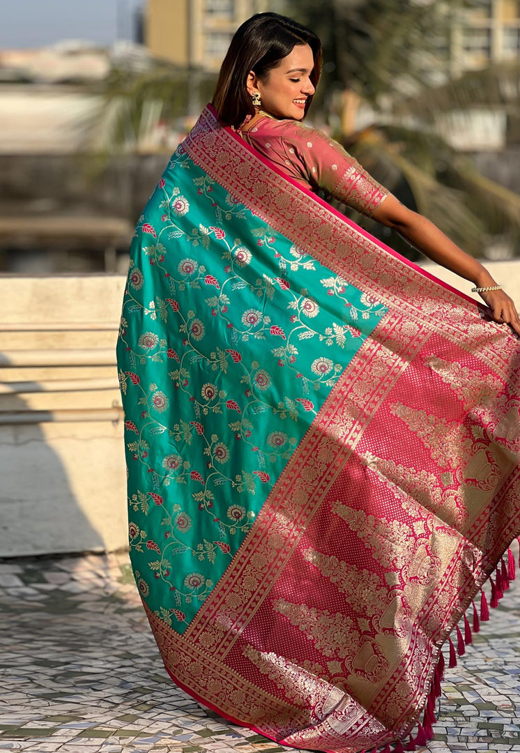 Turquoise Banarasi Silk Saree