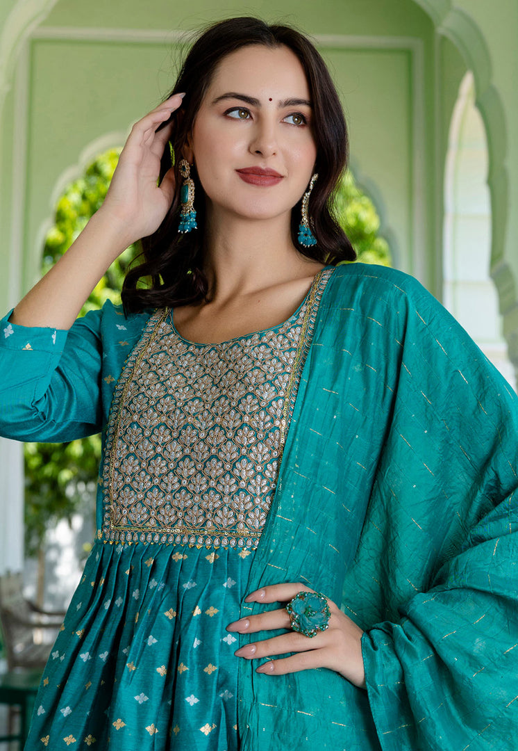 Turquoise Chanderi Readymade Pant Style Suit