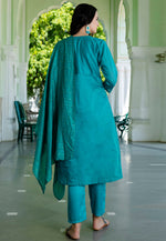 Load image into Gallery viewer, Turquoise Chanderi Readymade Pant Style Suit
