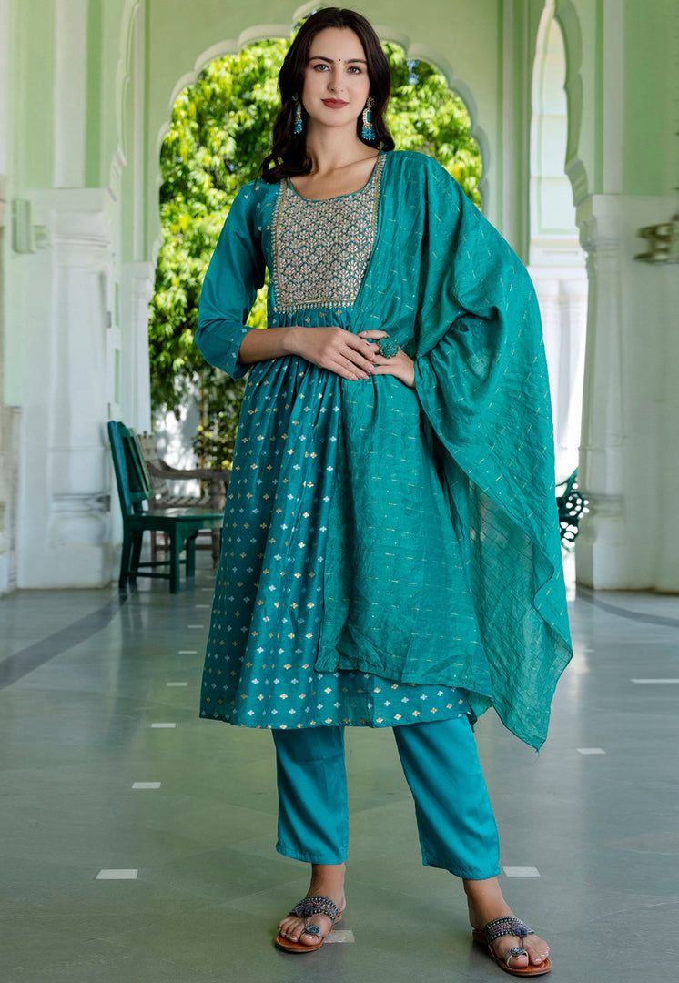 Turquoise Chanderi Readymade Pant Style Suit