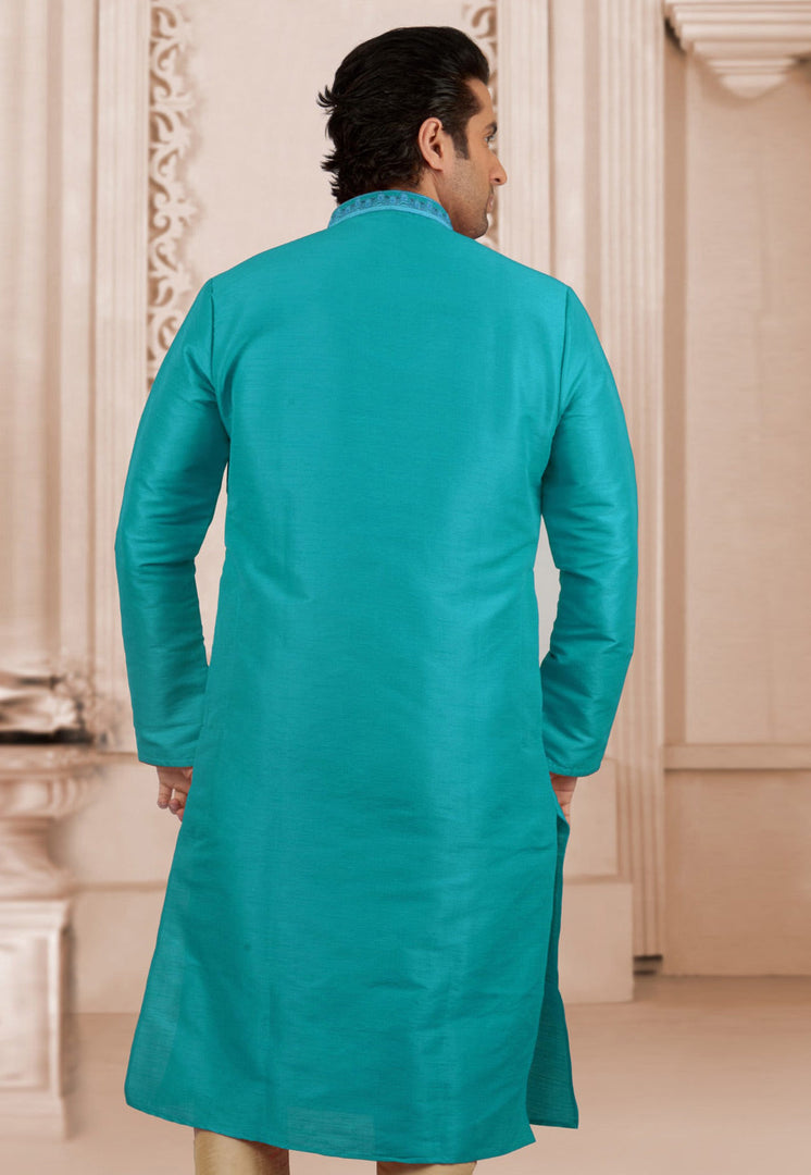 Turquoise Dupion Silk Kurta Pajama