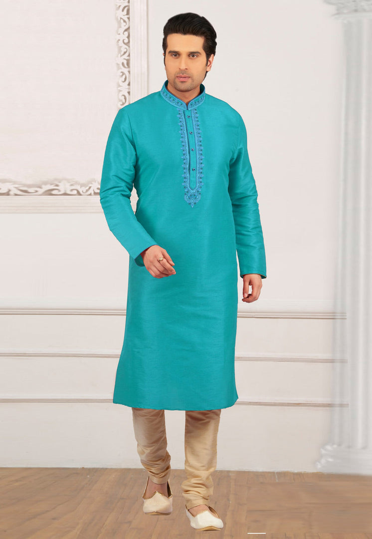 Turquoise Dupion Silk Kurta Pajama