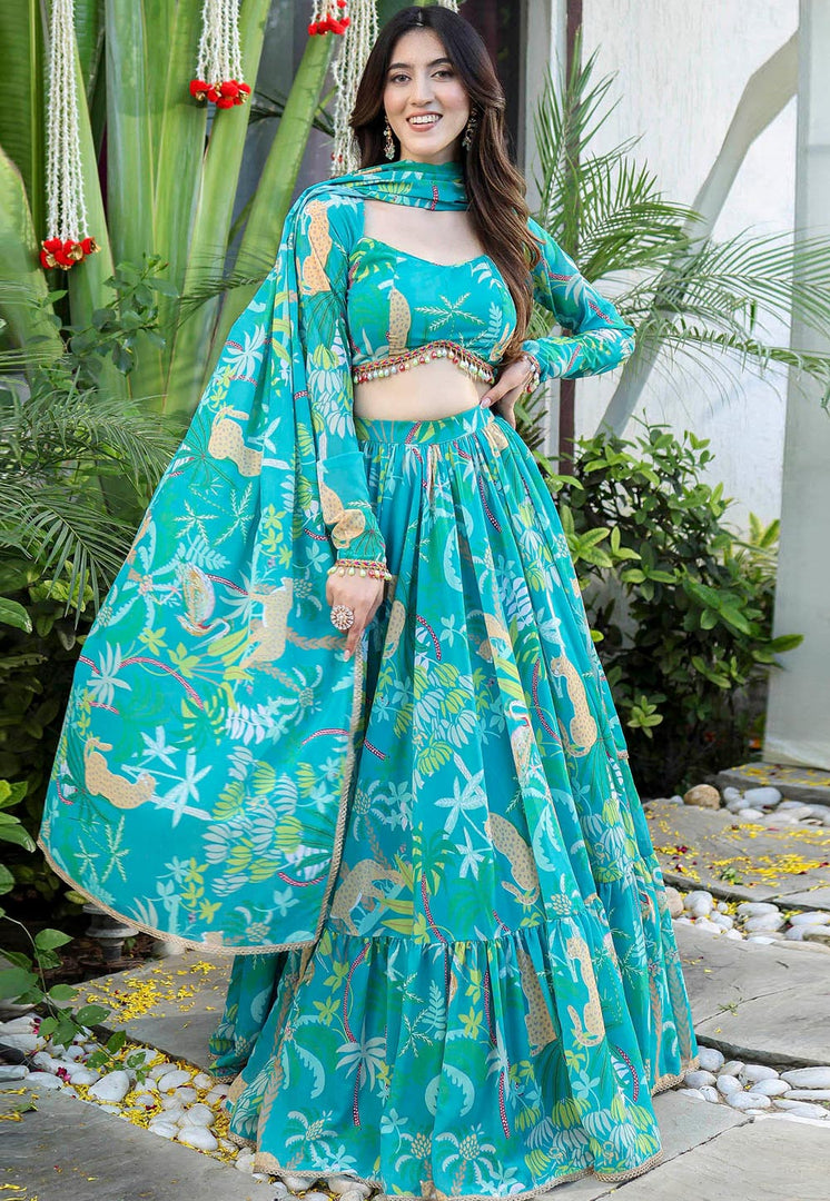 Turquoise Georgette Floral Lehenga Choli