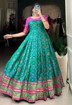 Load image into Gallery viewer, Turquoise Jacquard Silk Printed Gown

