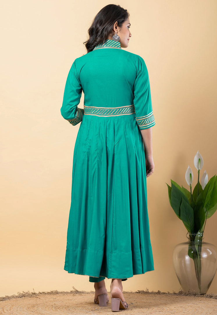 Turquoise Rayon Readymade Anarkali Suit