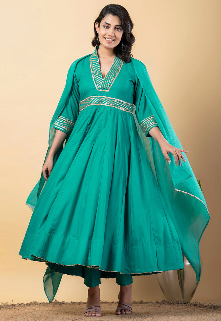 Turquoise Rayon Readymade Anarkali Suit