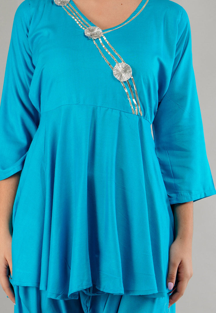 Turquoise Rayon Readymade Patiala Suit