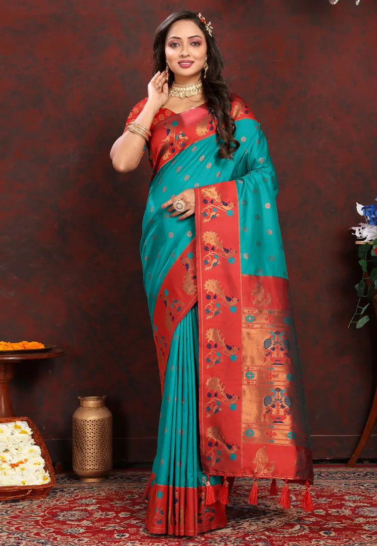 Turquoise Silk Paithani Saree