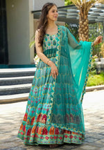 Load image into Gallery viewer, Turquoise Silk Readymade Long Anarkali Suit
