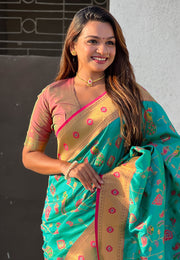 Turquoise Silk Saree With Blouse