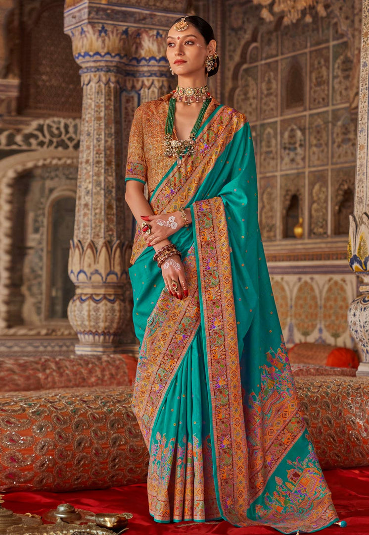 Turquoise Silk Saree With Blouse