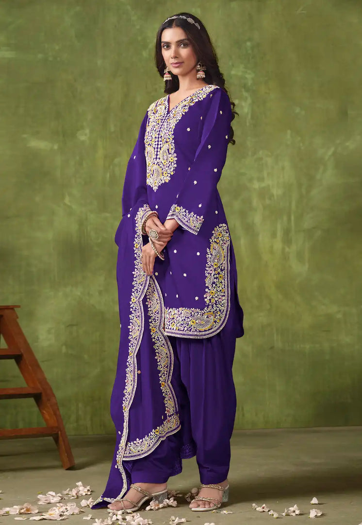 Violet Chanderi Silk Patiala Suit
