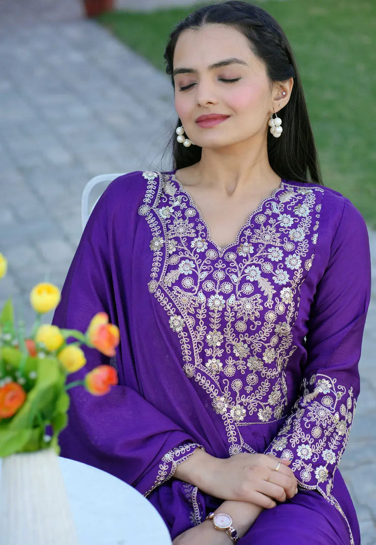 Violet Chinon Readymade Long Anarkali Suit