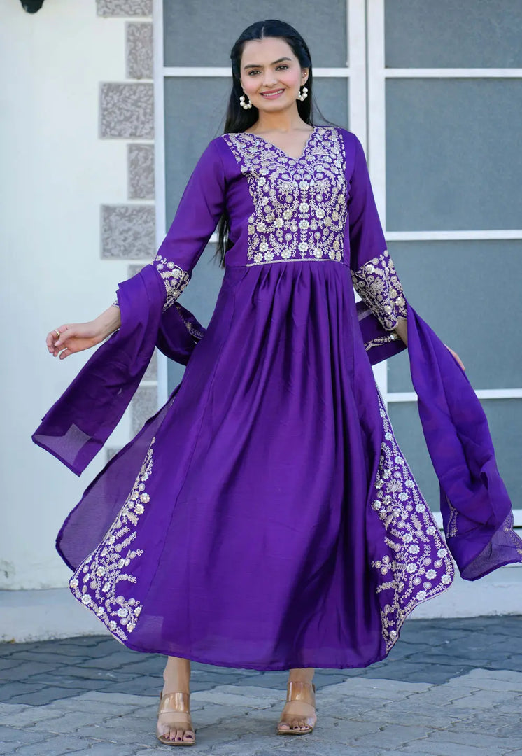 Violet Chinon Readymade Long Anarkali Suit