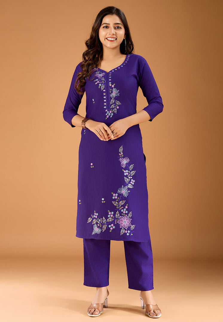 Violet Cotton Kurta Set With Pant