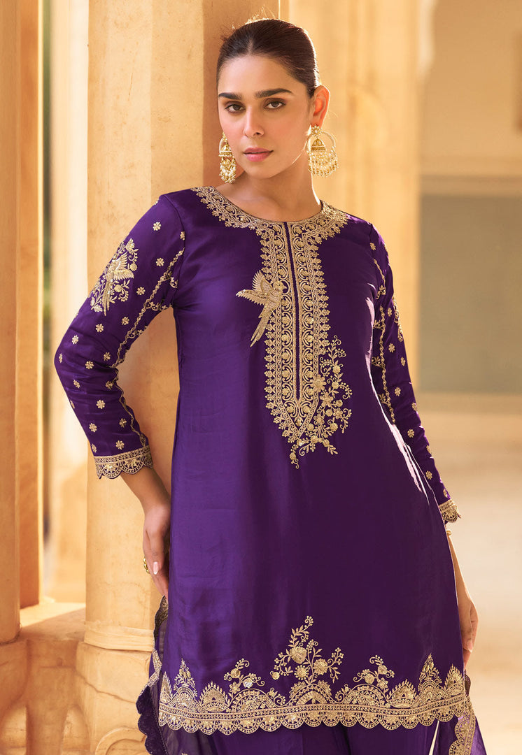 Violet Crepe Silk Dhoti Style Suit