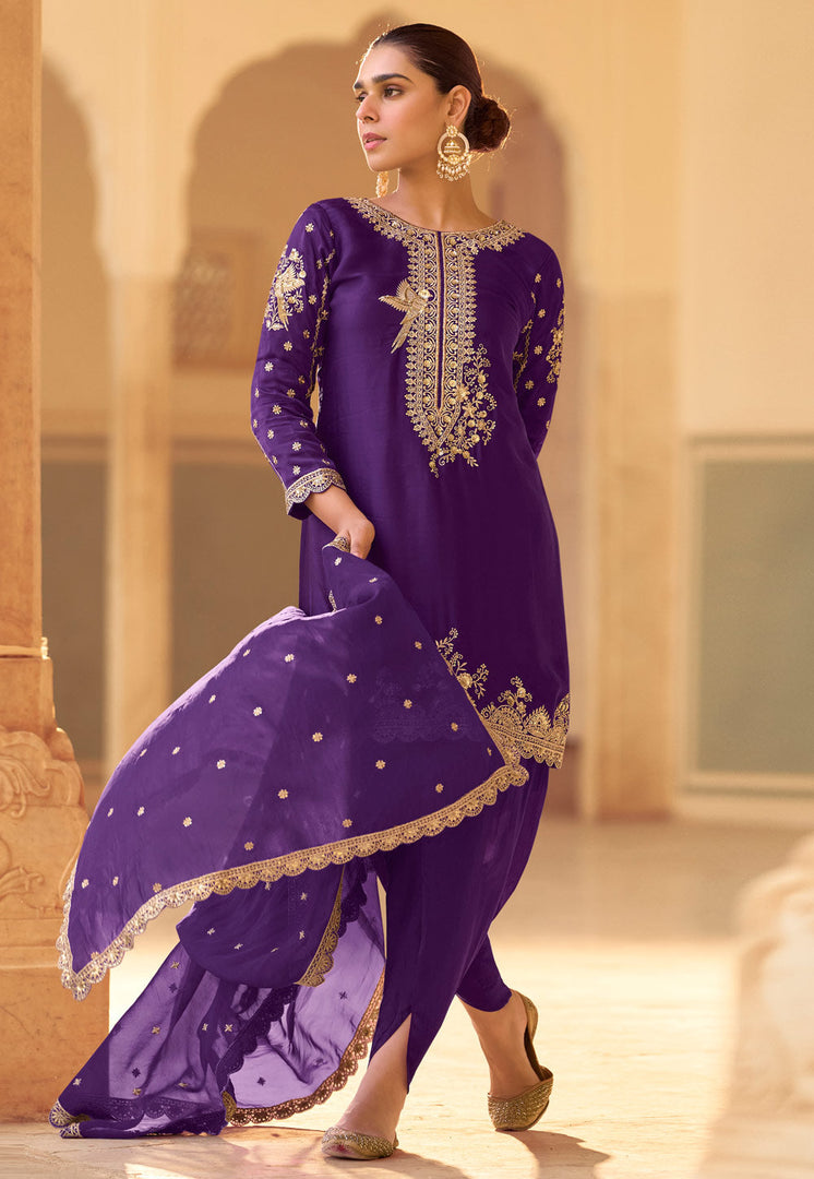 Violet Crepe Silk Dhoti Style Suit