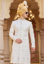 Load image into Gallery viewer, White Art Silk Achkan Style Sherwani
