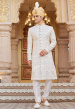 Load image into Gallery viewer, White Art Silk Achkan Style Sherwani
