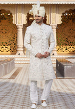 Load image into Gallery viewer, White Art Silk Achkan Style Sherwani
