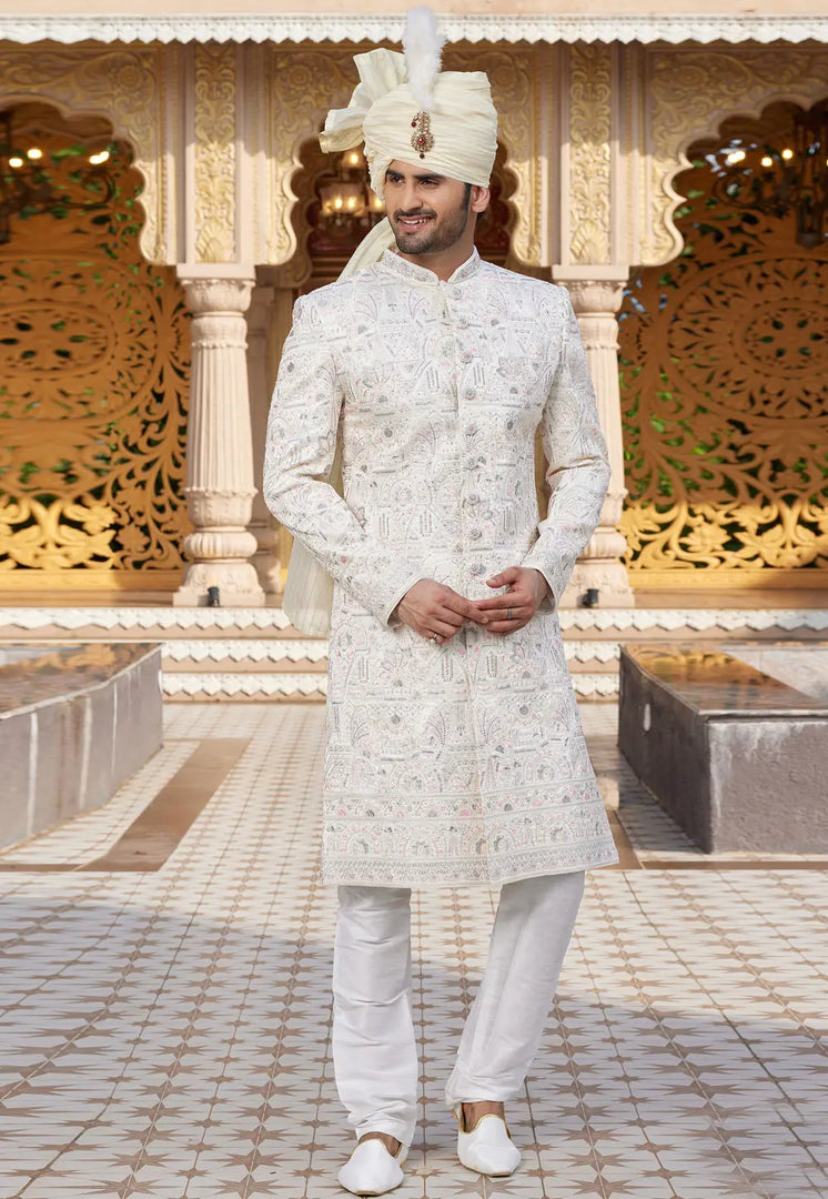 White Art Silk Achkan Style Sherwani