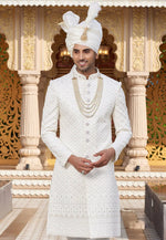 Load image into Gallery viewer, White Art Silk Achkan Style Sherwani With Stole
