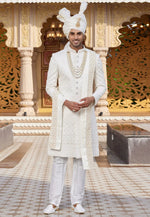 Load image into Gallery viewer, White Art Silk Achkan Style Sherwani With Stole
