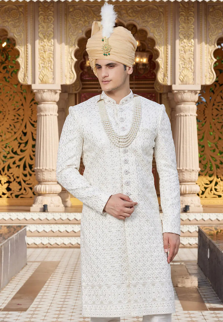 White Art Silk Achkan Style Sherwani With Stole