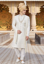 Load image into Gallery viewer, White Art Silk Achkan Style Sherwani With Stole
