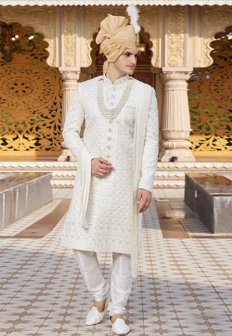 White Art Silk Achkan Style Sherwani With Stole