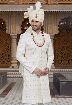 Load image into Gallery viewer, White Art Silk Achkan Style Sherwani With Stole
