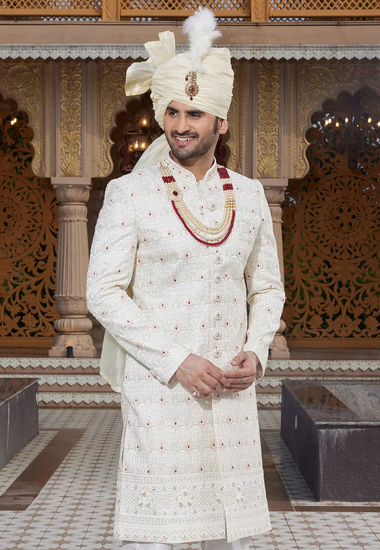 White Art Silk Achkan Style Sherwani With Stole