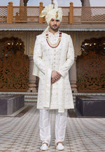 Load image into Gallery viewer, White Art Silk Achkan Style Sherwani With Stole
