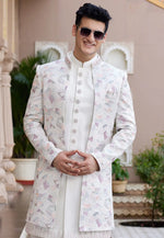 Load image into Gallery viewer, White Art Silk Jacket Style Sherwani
