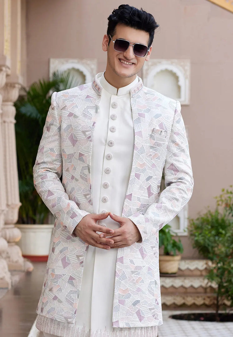 White Art Silk Jacket Style Sherwani