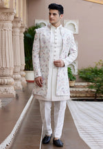 Load image into Gallery viewer, White Art Silk Jacket Style Sherwani
