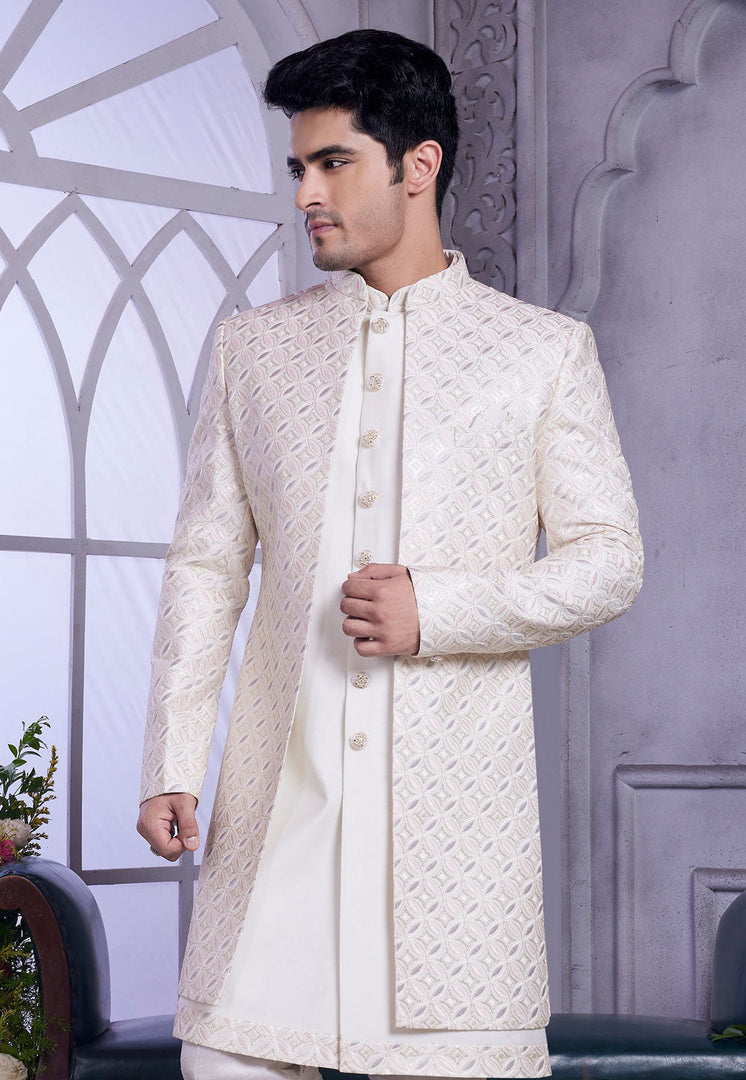 White Art Silk Jacket Style Sherwani