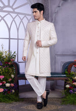 Load image into Gallery viewer, White Art Silk Jacket Style Sherwani
