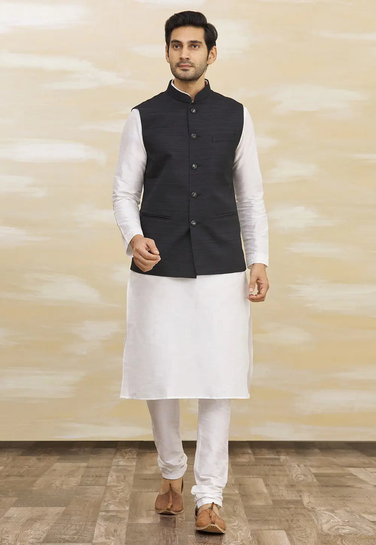 White Art Silk Kurta Pajama With Jacket