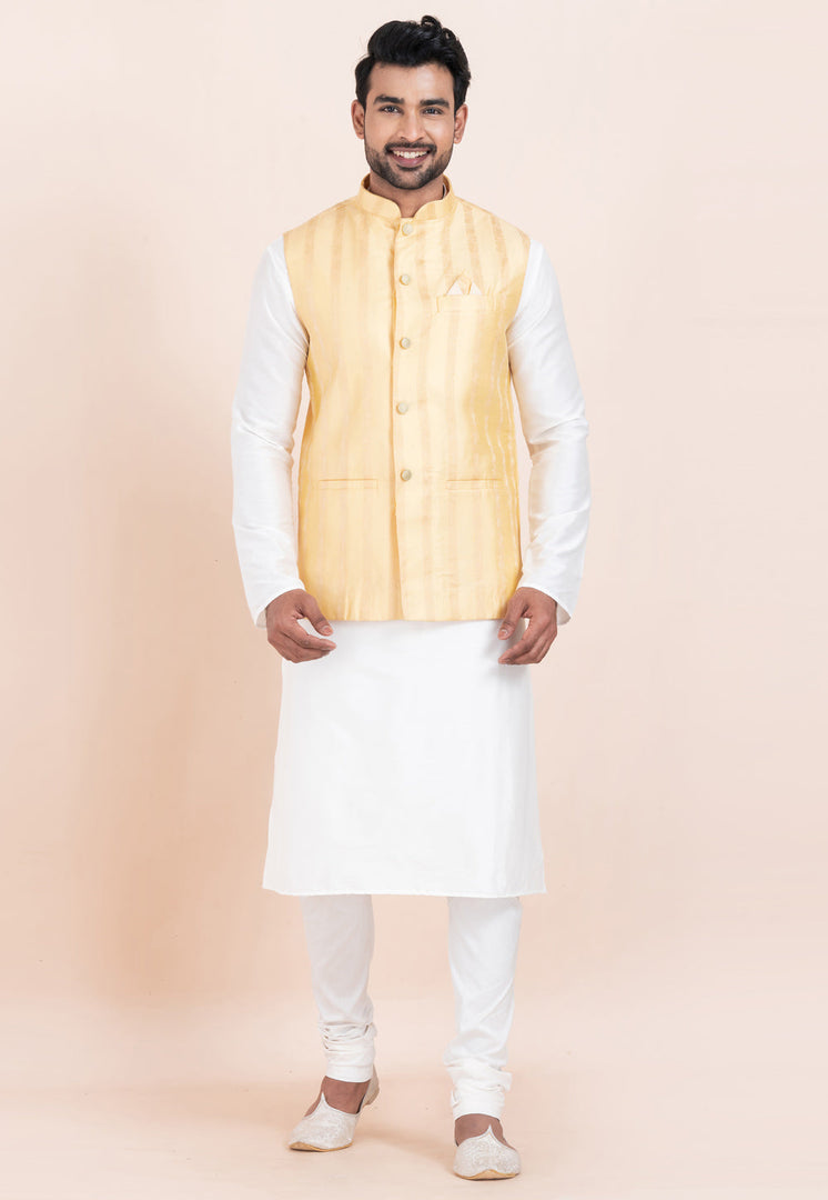White Banarasi Silk Kurta Pajama With Jacket