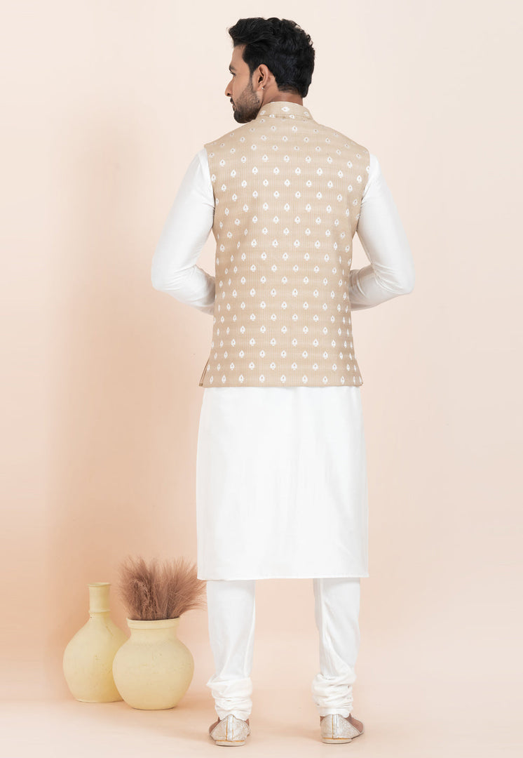 White Banarasi Silk Kurta Pajama With Jacket