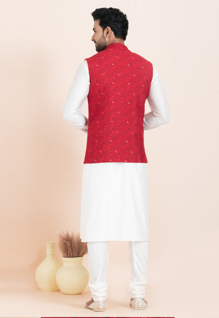 White Banarasi Silk Kurta Pajama With Jacket