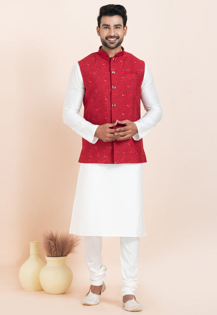 White Banarasi Silk Kurta Pajama With Jacket