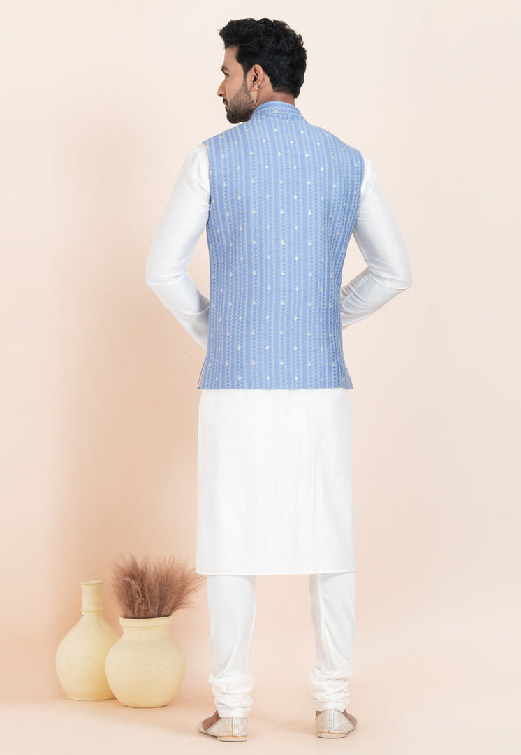 White Banarasi Silk Kurta Pajama With Jacket