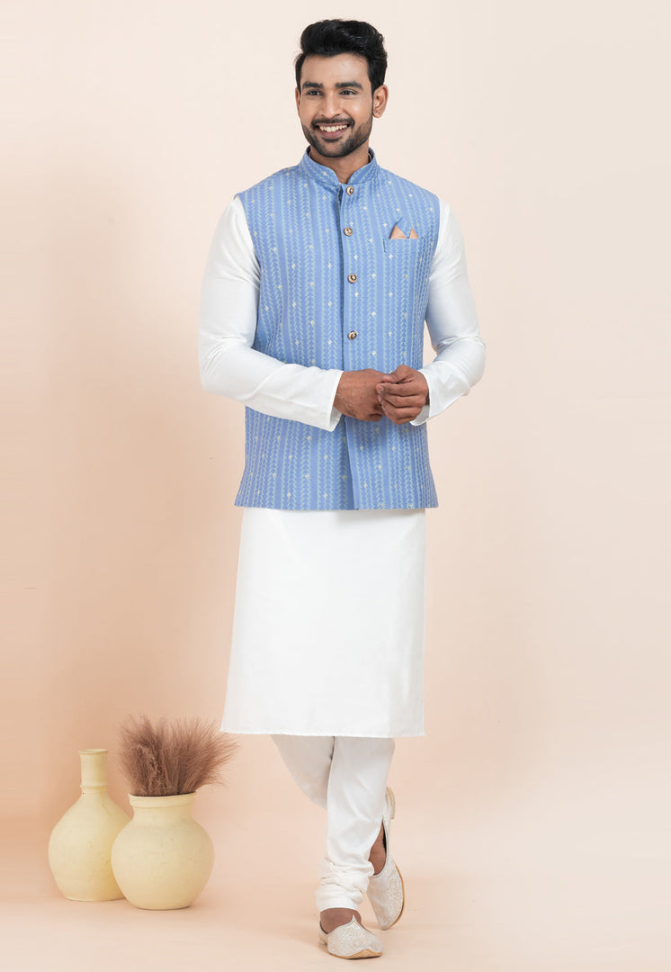 White Banarasi Silk Kurta Pajama With Jacket