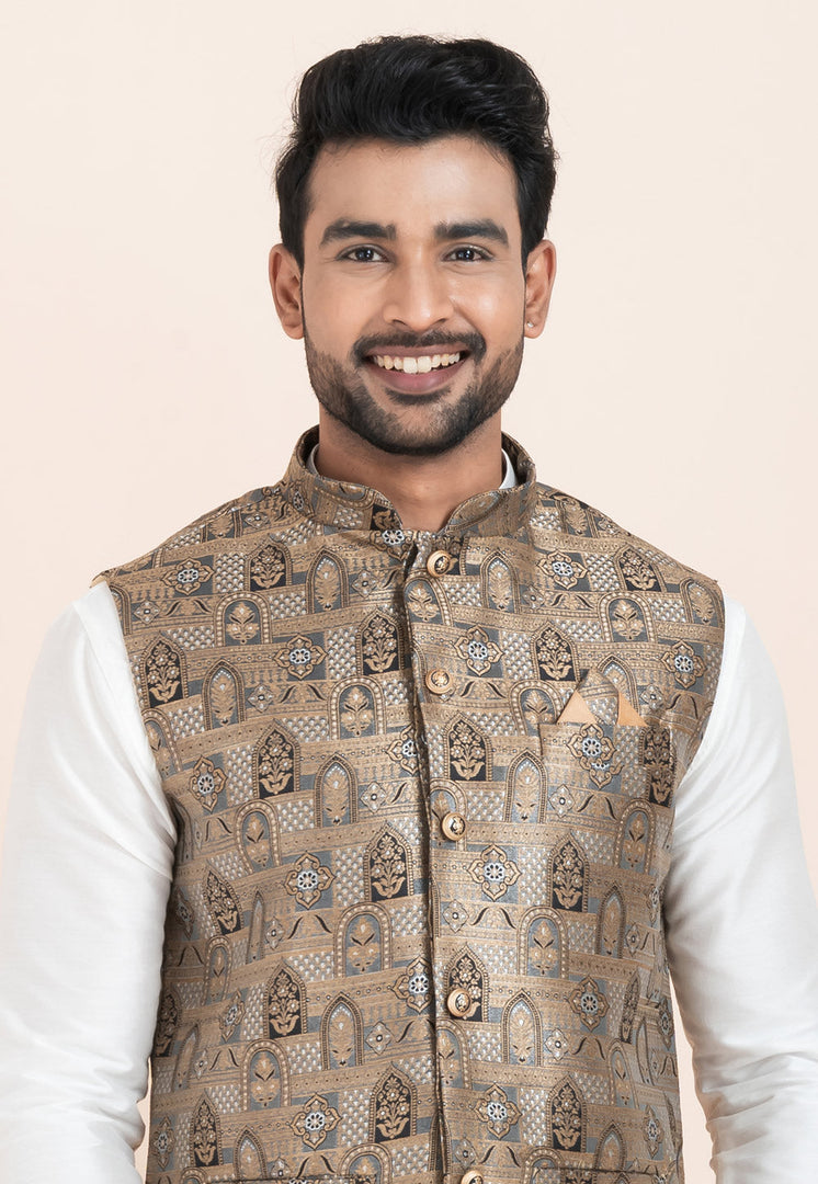 White Banarasi Silk Kurta Pajama With Jacket