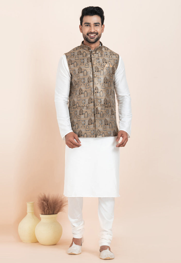 White Banarasi Silk Kurta Pajama With Jacket
