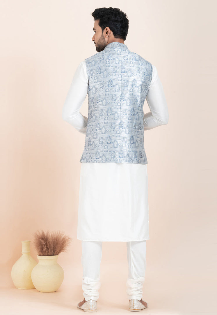 White Banarasi Silk Kurta Pajama With Jacket